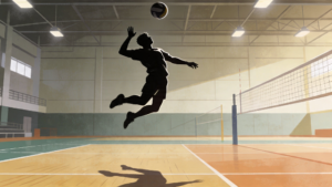 理学療法士監修のバレーボールでスパイクをうちに跳ぶ選手のシルエットイラスト。