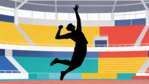 理学療法士監修のバレーの選手がスパイクをうちに飛んでいるイラスト。