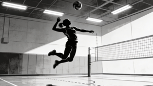 理学療法士監修の女子バレー選手がスパイクを打ち込んでいるシルエットイラスト。