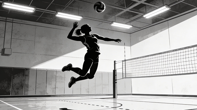 理学療法士監修の女子バレー選手がスパイクを打ち込んでいるシルエットイラスト。