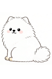 理学療法士監修のかわいい白いポメラニアンがおすわりをしているフラットイラスト。ポメラニアン　かわいい　ふわふわ　おすわり