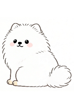 理学療法士監修のかわいい白いポメラニアンがおすわりをしているフラットイラスト。ポメラニアン　かわいい　ふわふわ　おすわり