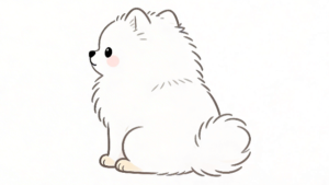 理学療法士監修のかわいい白いポメラニアンがおすわりをしているフラットイラスト。ポメラニアン　かわいい　ふわふわ　おすわり