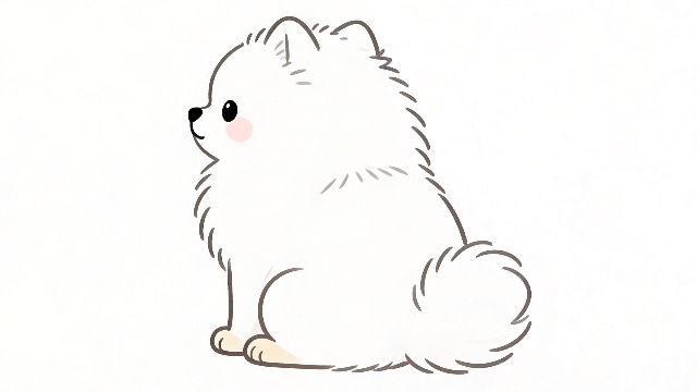 理学療法士監修のかわいい白いポメラニアンがおすわりをしているフラットイラスト。ポメラニアン　かわいい　ふわふわ　おすわり