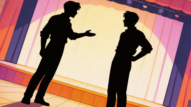 理学療法士監修の漫才をしているコンビのシルエットイラスト。