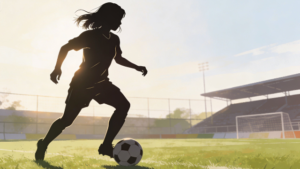 理学療法士監修の女子サッカー選手がドリブルをしているシルエットイラスト。