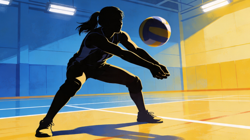 レシーブをしている女性のバレーボール選手のシルエットイラスト。