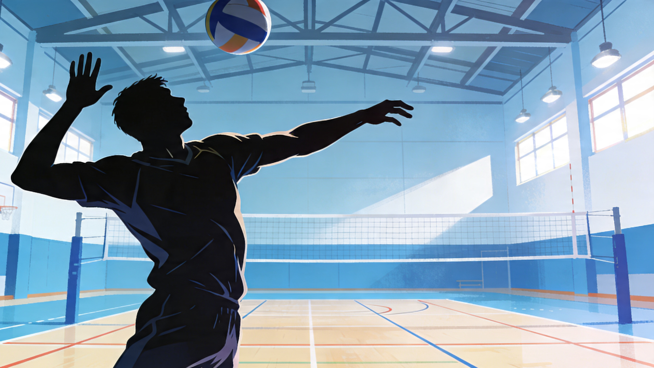 サーブをうっている男性のバレーボール選手のシルエットイラスト。