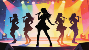 音楽番組のステージで歌っている女性アイドルのシルエットイラスト。