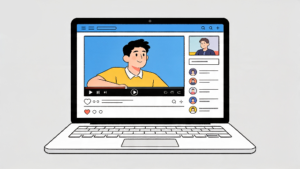 パソコンで動画配信を視聴するフラットイラスト。