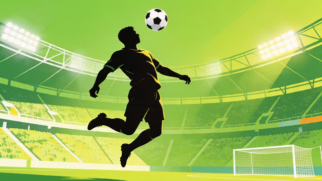 ヘディングシュートをしにいく、サッカー選手のシルエットイラスト。