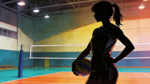 女性のバレーボール選手がコート上に立っているシルエットイラスト。