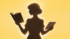 本、教科書を持った女性のシルエットイラスト。