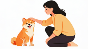 女性が柴犬が向き合って頭をなでているフラットイラスト。